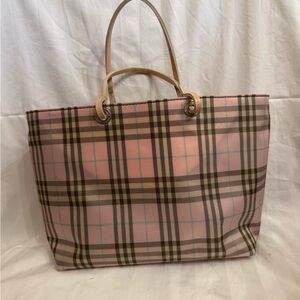 Burberry Pink Plaid Tote with Tan Leather Handles